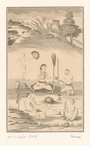 Cinco figuras indias alrededor de una hoguera