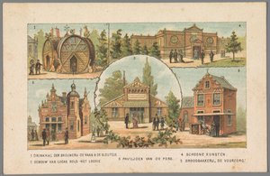 Cinco pabellones en la Feria Mundial de Ámsterdam, 1883
1 Sala de bebidas de la cervecería De Haan & De Keys. 2 Edificio de Lucas Bols - Het Loosie. 3 Pabellón de la prensa. 4 Bellas Artes. 5 Panadería De Voorzorg. (título en el objeto)
Memoria aa de Anonymous