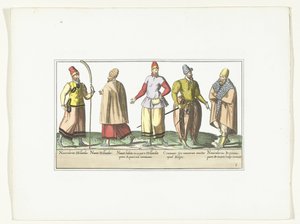 Cinco marineros vestidos a la moda de los Países Bajos y Bretaña, hacia 1580 Trajes marins (título sobre objeto) de Anonymous