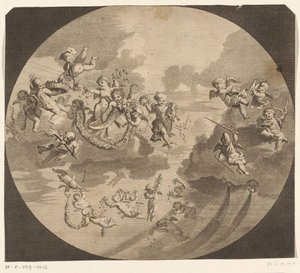 Putti volador con guirnaldas de flores