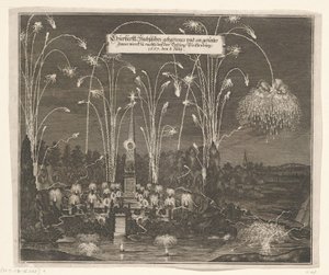 Fuegos artificiales en Pleißenburg, 8 de julio de 1667 Churfürstl: Sachsisches gehaltenes und an gezentes Fewer werck zu nachts beij la fortaleza Pleissenburg, 1667, 8 de julio (título sobre el objeto) de Anonymous