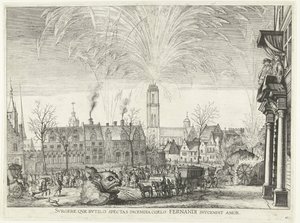 Vuurwerk; intocht van Ferdinand te Gent en 1635 (n.º 41) Levántate, que miras el fuego ardiente en el cielo que enciende el amor de Fernandi (título sobre objeto) Una imagen de los fuegos nocturnos en el Hipódromo y la torre. de Anonymous