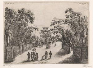 Gente paseando por un parque, una casa de campo al fondo