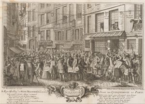 Comercio de viento en la Rue Quinquempoix, 1720 De Regte Image of the Wind Negotie Celebrada en el Estrecho de Quinquempoix a Parys (título sobre el objeto) La gran escena de la locura (título de la serie)