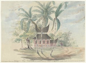 Vivienda de Radja Batipo, demolida y quemada para su castigo y disciplina, ya que fue jefe y líder de la Rebelión en las tierras altas de Padang en el año 1841 (título en el objeto)