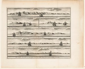 Seis vistas de islas Así muestra la costa de Nueva Guinea entre Cabo Santo María y Anthony Caens Eylandt como tú allí langhs Zeylt / Así muestra Anthony Caens Eylant cuando el Norte es tuyo / Así Gerrit de Nys muestra a Eylandt como el N de Anonymous