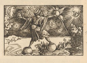 Sol y luna y un hombre equilibrando los cuatro elementos.