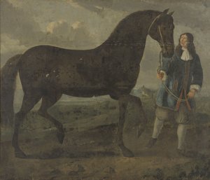 Caballo negro conducido por un mozo de cuadra de Anonymous