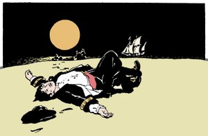 Un capitán asesinado por piratas es abandonado en una isla, el barco pirata se aleja en el horizonte. Ilustración de 