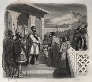Una delegación de la ciudad de Clermont ofrece el episcopado a San Sidoine Apollinar (Caius Sollius Apollinaris Sidonius) político, obispo y escritor galo-romano (430-486). Grabado de 1846 en “Vidas de los santos”. Colección privada de Anonymous Anonymous