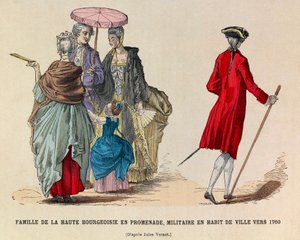 Una familia de alta burguesía paseando y un soldado en traje de ciudad en 1760 (reinado del Rey Luis XV) - colección privada