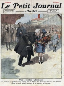 Una niña ofrece un ramo en colores tricolores al Presidente de la República Alexandre Millerand durante uno de sus desplazamientos en el Ródano. Ilustración tomada de “Le petit journal” del 27/03/1921. Colección privada de Anonymous Anonymous