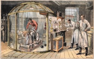 Un hombre en una campana: experimento sobre el gasto de energía humana realizado por científicos ingleses. Grabado del periódico 