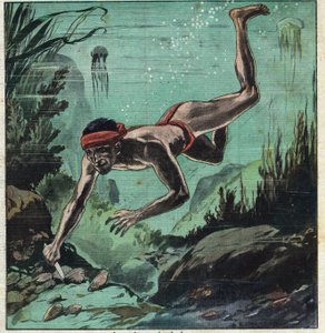 Un investigador de perlas arriesgando su vida en los mares tropicales de Ceilán y Polinesia para suministrar collares y joyas a las elegantes. Ilustración tomada de "Le Petit Journal" 11/03/1923. Colección privada de Anonymous Anonymous
