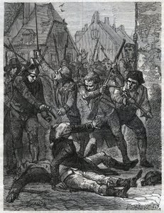 Una escena durante el período de la Revolución Francesa: Theobald de Dillon (1745-1792) y un oficial genio llamado Berthois, fueron masacrados por los soldados y el pueblo de Lille, que los acusaron de traición. Grabado de 1866 en “Histoire de la Revolutio de Anonymous Anonymous