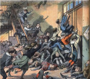 Una escuela quemada en Cleveland (Estados Unidos). Grabado del periódico "Le Petite Parisien", 22/03/1908. Colección privada de Anonymous Anonymous