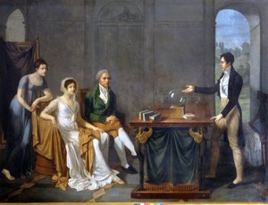 Un científico (probablemente Alessandro (Alexandre) Volta) realizando un experimento científico frente a la familia Melzi Deril. Pintura anónima de Anonymous Anonymous