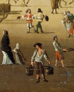Un aguador levantando dos cubos en el Pont Neuf en París en el siglo XVII (detalle)
