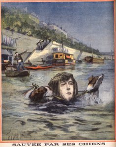 Una mujer cae en el Sena y es salvada por sus perros en París. Grabado en “Le petit parisien” del 14/08/1910. Colección privada.