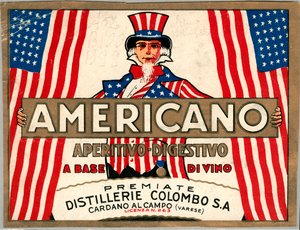 Anuncio de bebida corta italiana Americano, con personificación alegórica de América Tío Sam