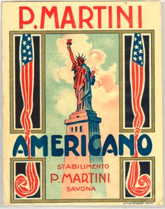 Anuncio de bebida corta italiana Americano, con bandera estadounidense y estatua de la libertad de Anonymous Anonymous