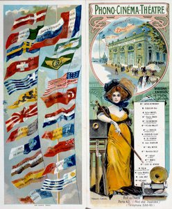Publicidad: Phono - cine - teatro: ver y escuchar a artistas famosos. Cromolitografía publicada en la Exposición Mundial de 1900 con las banderas de diferentes países. París, Museo Carnavalet - Cartel publicitario “Phono - cine - teatro: ver y escuchar a l de Anonymous Anonymous