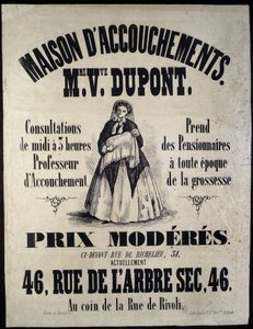 Publicidad para una casa de maternidad en París en 1850. Madame Dupont, precios bajos en 46 rue de l
