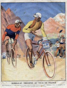 Publicidad para la pintura Robbialac: "El triunfo de Robbialac en el Tour de Francia". Un ciclista vende los méritos de la pintura Robbialac para su bicicleta. Grabado. Uno de "El Pequeño Diario Ilustrado" de Anonymous Anonymous