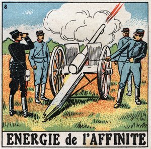 Energía de afinidad: artilleros disparando explosivos. Ilustración anónima de 1925. Colección privada.