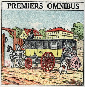 Tracción animal: primer ómnibus aparecido en Francia bajo Carlos X (1824-1830). Ilustración anónima de 1925. Colección privada. de Anonymous Anonymous