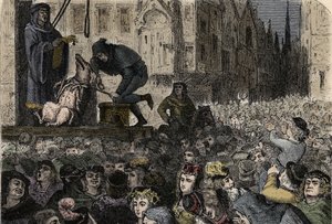 Juicios de animales - Los juicios de animales en la Edad Media - Ejecución de la cerda infanticida de Falaise - grabado de “El hombre y la bestia” por Arthur Mangin - 1872 - de Anonymous Anonymous