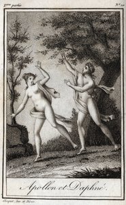 Apolo y Dafne. La ninfa Dafne se convierte en laurel para escapar de Apolo. Grabado de 1819 en “Cartas a Emilie sobre la mitología” por Charles Albert Demoustier (1760-1801). Colección privada.