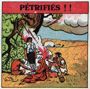 Electricidad atmosférica: hombres electrocutados por un rayo permanecen petrificados. Ilustración anónima de 1925. Colección privada.