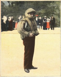 Aviación: Traje aéreo diseñado para proteger a los aviadores de caídas. Grabado en “Le petit parisien” el 16/10/1910. Colección privada. de Anonymous Anonymous