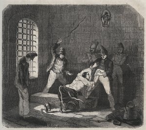 Bagne de Brest: azotamiento. Grabado en "Histoire des bagnes depuis leur création à nos jours" (1877) por Pierre Zaccone (1817-1895). Colección privada