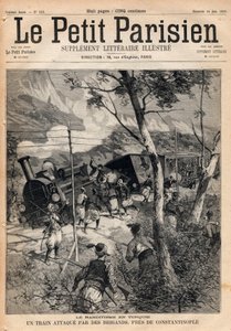Bandidaje en Turquía, un tren atacado por ladrones cerca de Constantinopla. Grabado en “Le petit Parisien” de 1891. Colección privada.