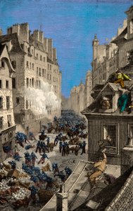 Batalla en la barricada de la Rue Saint Antoine en 1830, Grabado, Colección privada de Anonymous Anonymous