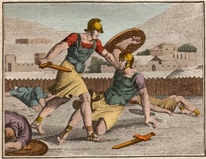 Batalla de Horacios y Curiacios - Batalla entre Horatii y Curiatii - Grabado de “Le Rollin de la Juventud o Piezas Seleccionadas de Historias Antiguas y Romanas” de 1816 - Colección privada de Anonymous Anonymous