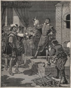 Bernard Palissy (1510-1589), ceramista francés triunfante, saca sus primeras piezas de esmalte del horno. Grabado de 1880 en “Les arts et métiers illustrés” de Adolphe Bitard. de Anonymous Anonymous