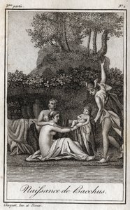 Nacimiento de Baco, hijo de Júpiter y Semele. Grabado de 1819 en “Lettres a Emilie sur la mythologie” de Charles Albert Demoustier (1760-1801). Colección privada.