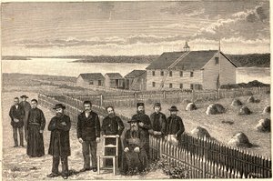El obispo Isidore Clut (1832-1903), R.P. Le Corre y otros miembros de la Misión de la Providencia en Athabaska Mackenzie en Canadá a finales del siglo XIX. Grabado en “Les Missions Catholiques au XIXeme Siecle” de Louis-Eugene Louvet. de Anonymous Anonymous