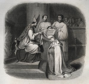 Beata María de la Encarnación (Jeanne Avrillot) (1566-1618) mística francesa recibiendo el velo de Carmelita en 1614. Grabado de 1846 en 