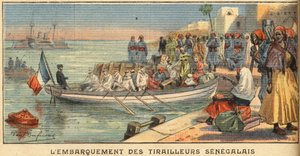 Embarque de jinetes senegaleses con sus esposas. Grabado del periódico "Le Petit Parisien", el 22/03/1908. Colección privada. de Anonymous Anonymous
