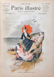 A la orilla del mar, alegoría de Habert Dys. Mujer elegante con una sombrilla sentada en una concha gigante posa sobre la arena de una playa. Grabado de 1887 en “Paris-Illustrous journal weekly” de Anonymous Anonymous
