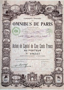 Acción de capital de 500 francos en el ómnibus de París, siglo XX Colección de acciones