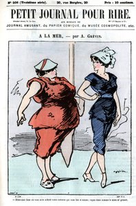 Caricatura sobre personas en el mar. Dos mujeres, una de las cuales habla de moda: 