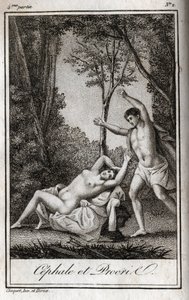 Céfalo y Procris, pareja de amantes. Grabado de 1819 en "Lettres a Emilie sur la mythologie" por Charles Albert Demoustier (1760-1801). Colección privada.