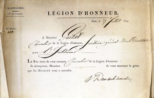 Certificado de entrega de la Legión de Honor a Guizot, Secretario General del Ministerio del Interior, 21/07/1814 de Anonymous Anonymous