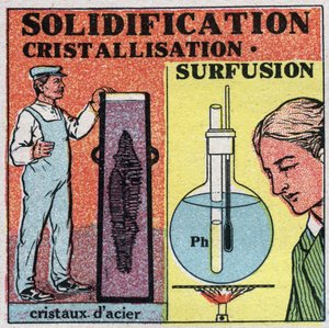 Cambios de estado: solidificación y cristalización. Formación de cristales de acero y superfusión de fósforo. Ilustración anónima de 1925. Colección privada. de Anonymous Anonymous