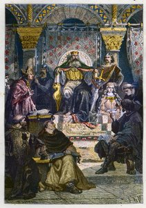 Carlomagno (742 - 814) en su trono presidiendo la Academia del Palacio - Carlos el Grande (747-814) Rey de los Francos y Emperador Cristiano de Occidente presidiendo la Escuela del Palacio en Aquisgrán - grabado de “L
